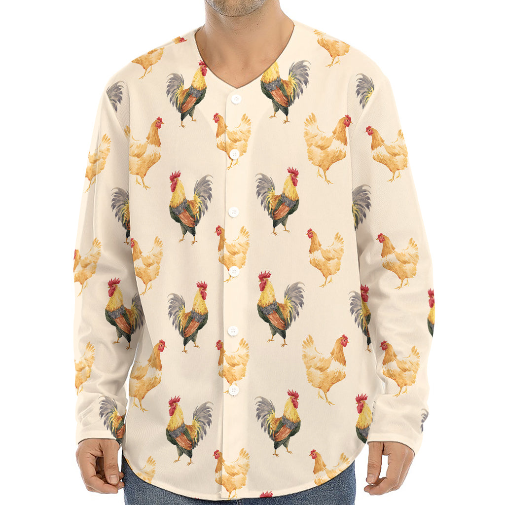 Watercolor Rooster Pattern Print Long Sleeve Baseball Jersey