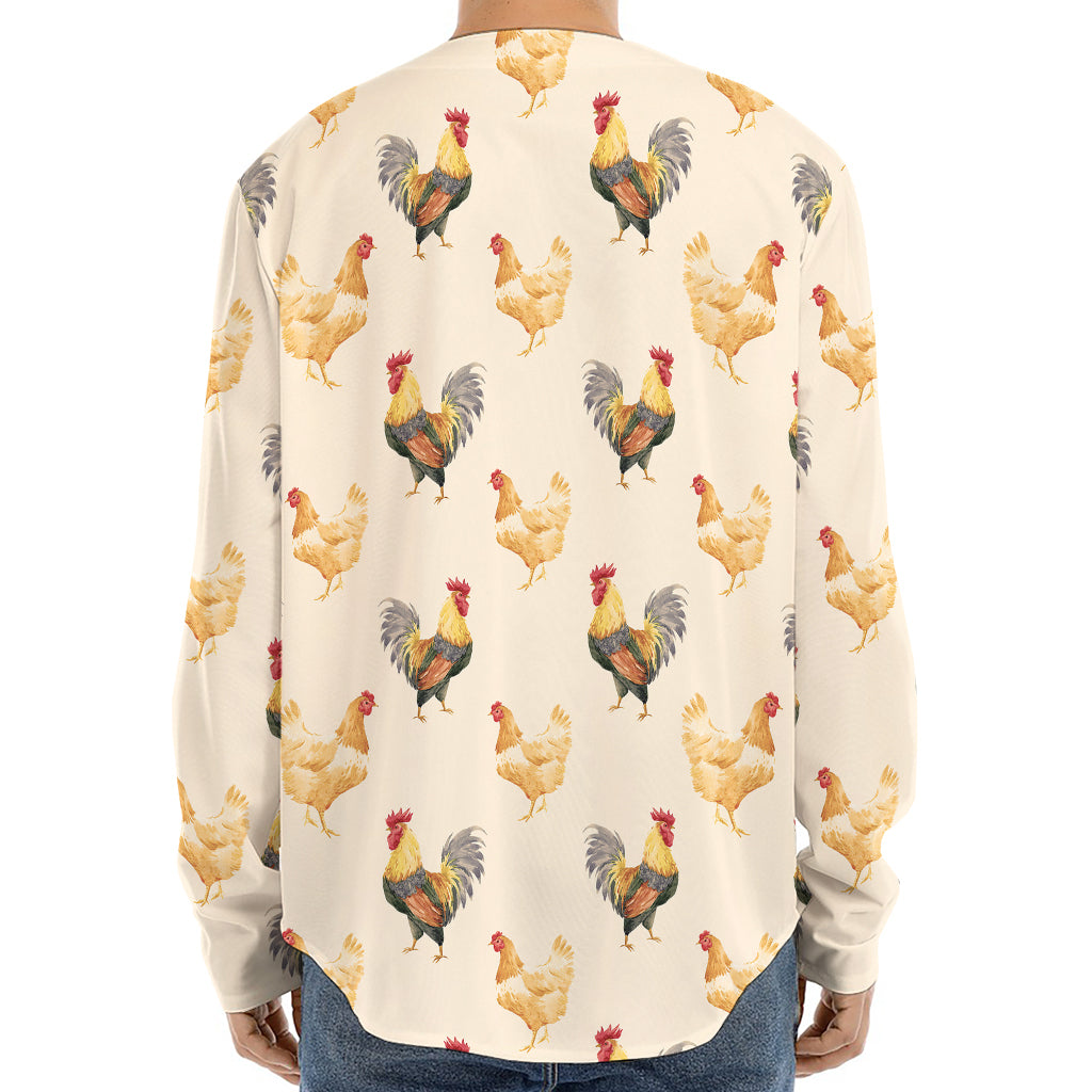 Watercolor Rooster Pattern Print Long Sleeve Baseball Jersey