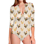 Watercolor Rooster Pattern Print Long Sleeve Swimsuit