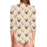 Watercolor Rooster Pattern Print Long Sleeve Swimsuit