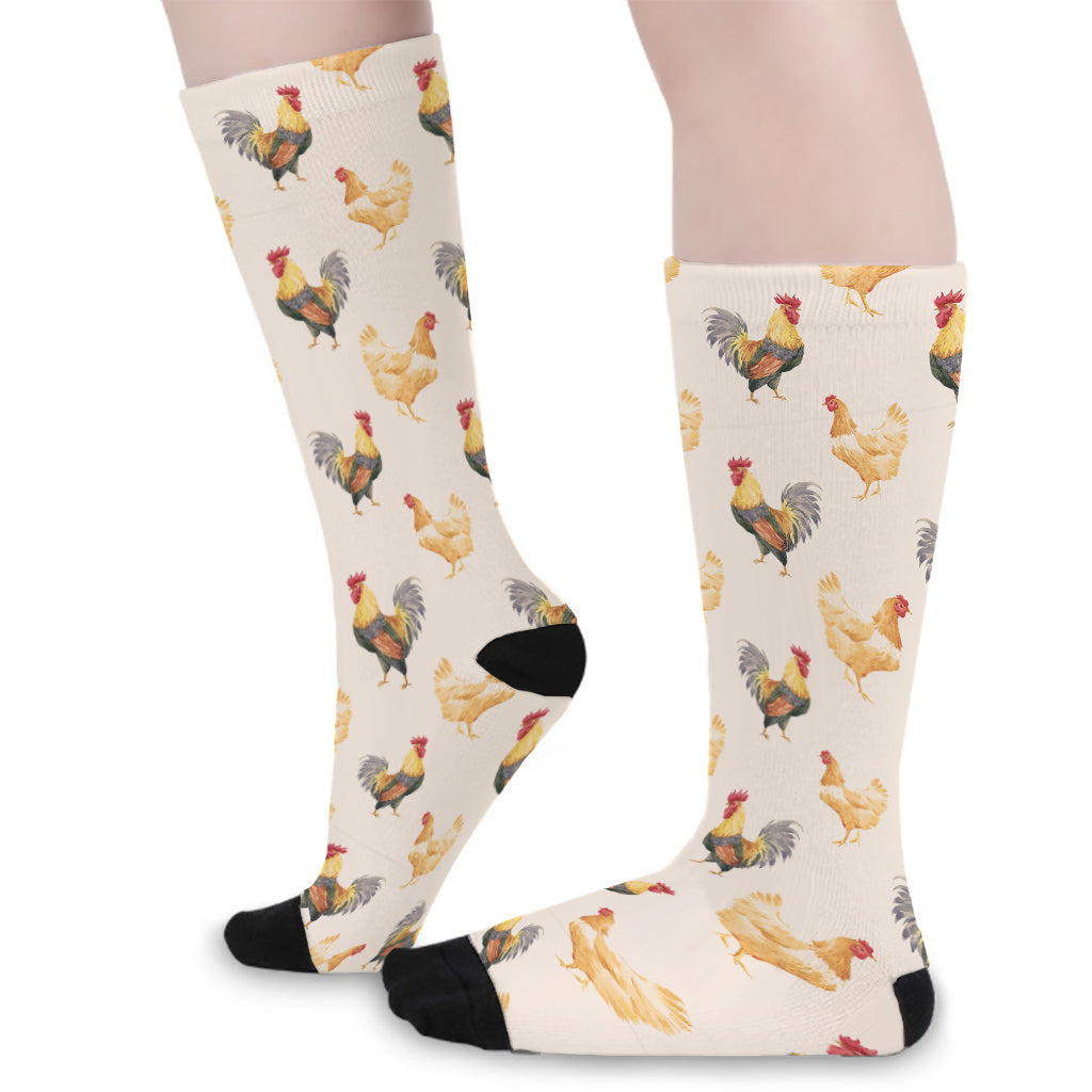 Watercolor Rooster Pattern Print Long Socks