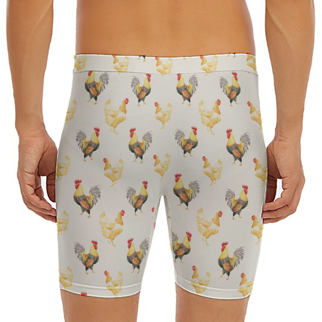 Watercolor Rooster Pattern Print Men's Long Boxer Briefs