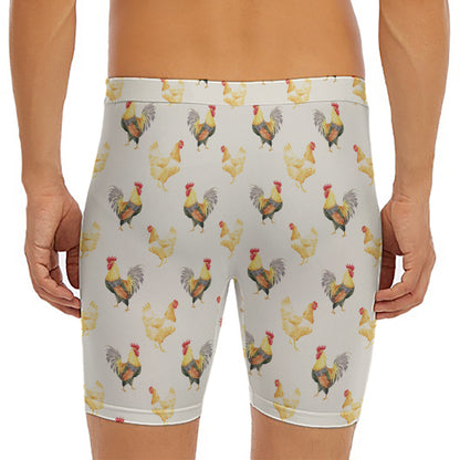 Watercolor Rooster Pattern Print Men's Long Boxer Briefs