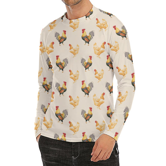 Watercolor Rooster Pattern Print Men's Long Sleeve Rash Guard