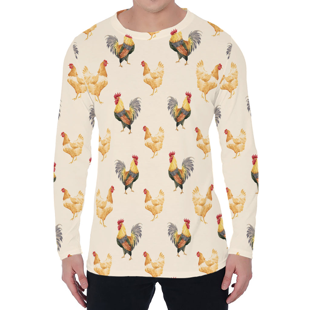 Watercolor Rooster Pattern Print Men's Long Sleeve T-Shirt