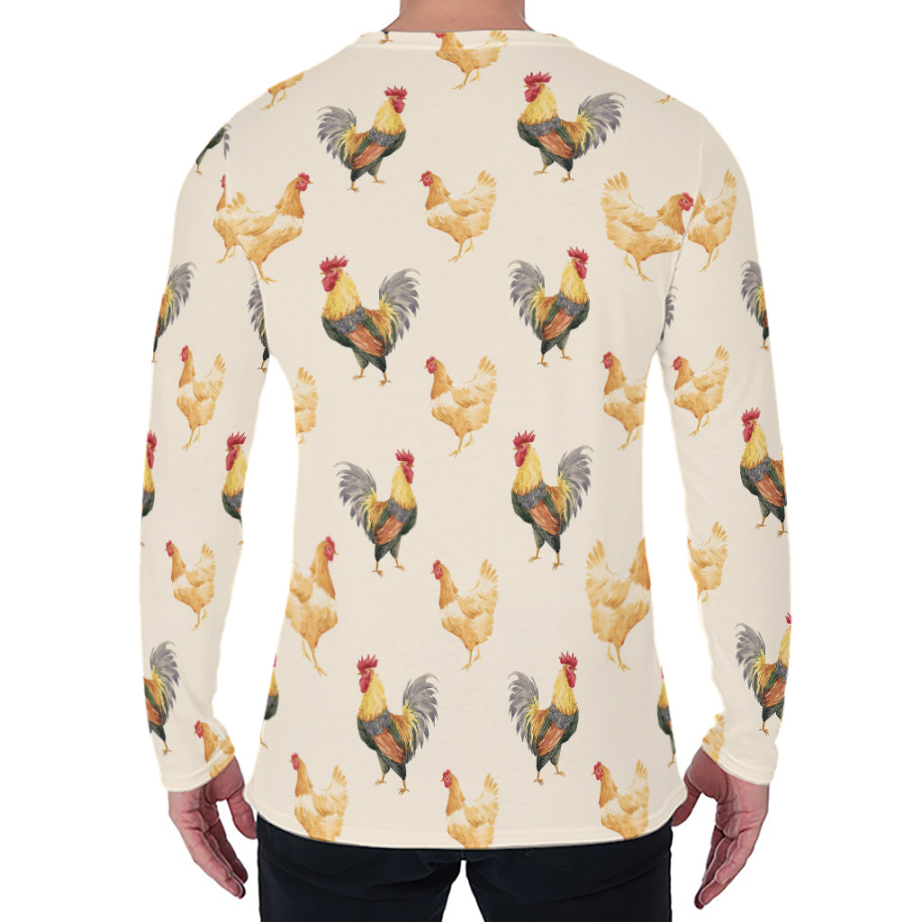Watercolor Rooster Pattern Print Men's Long Sleeve T-Shirt
