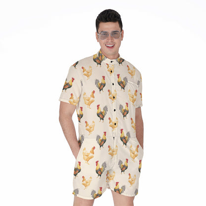 Watercolor Rooster Pattern Print Men's Rompers