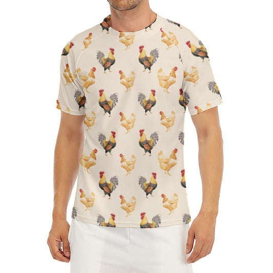 Watercolor Rooster Pattern Print Men's Short Sleeve Rash Guard