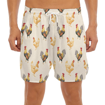 Watercolor Rooster Pattern Print Men's Split Running Shorts
