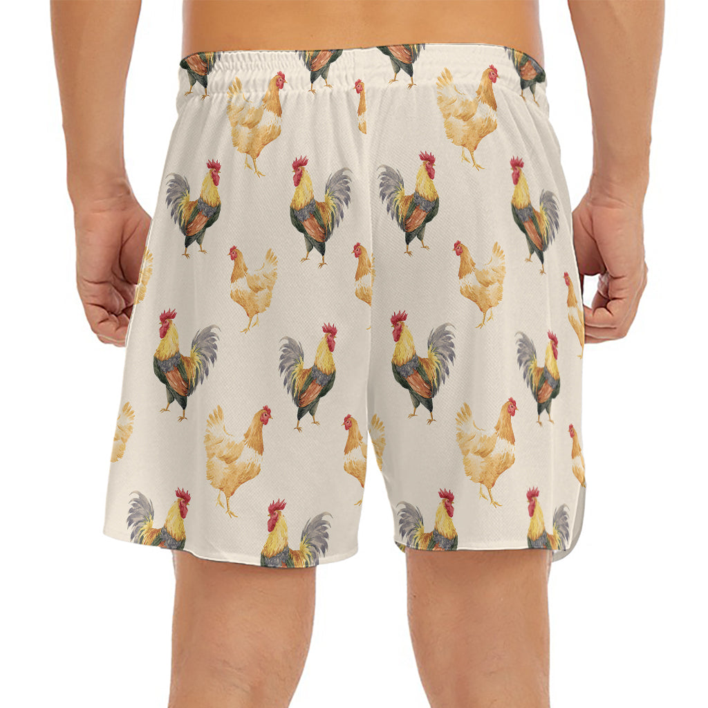 Watercolor Rooster Pattern Print Men's Split Running Shorts