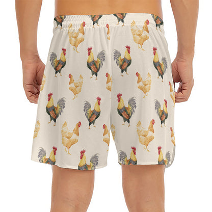 Watercolor Rooster Pattern Print Men's Split Running Shorts