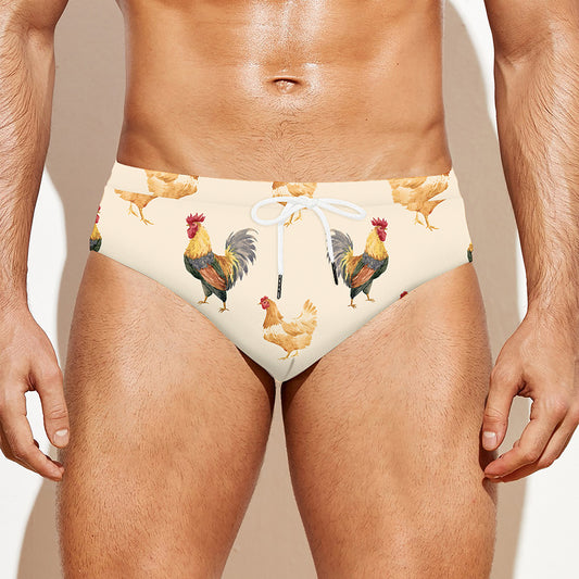 Watercolor Rooster Pattern Print Men's Swim Briefs