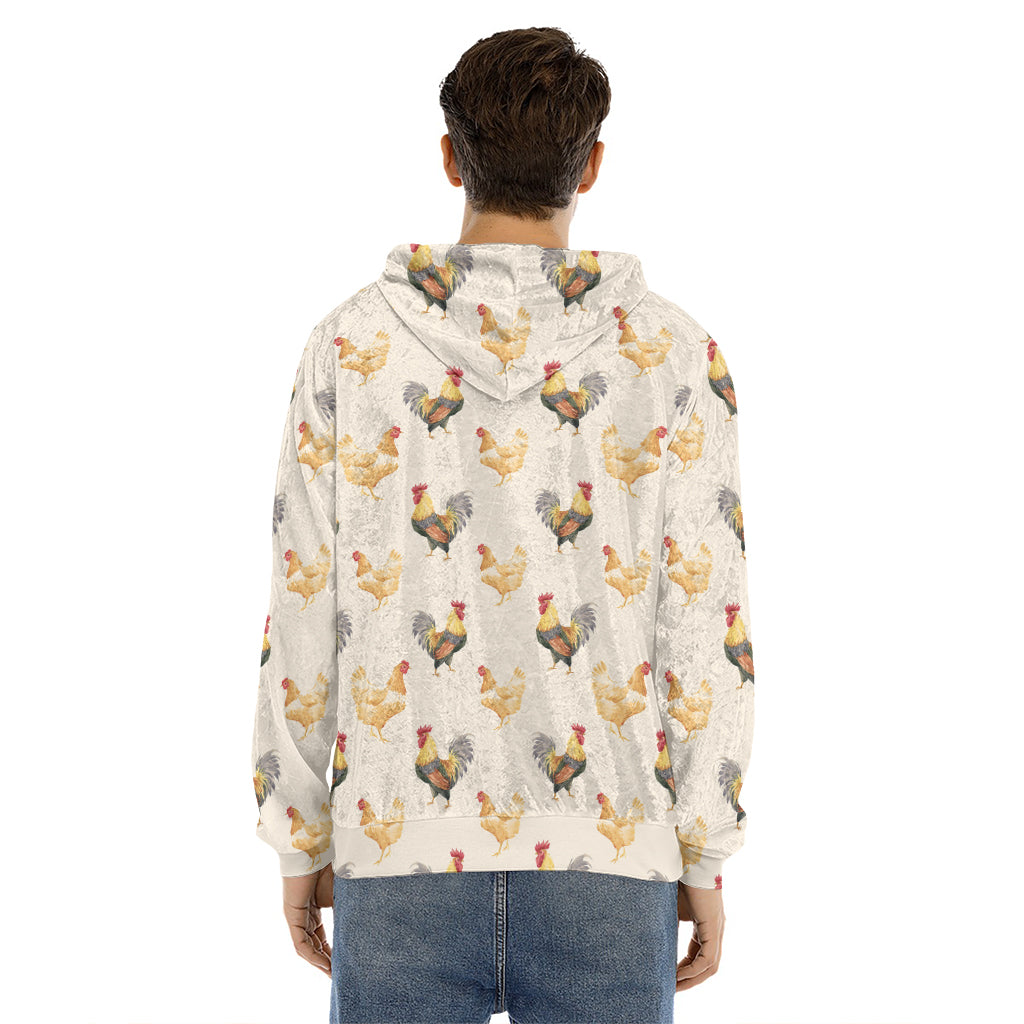 Watercolor Rooster Pattern Print Men's Velvet Pullover Hoodie