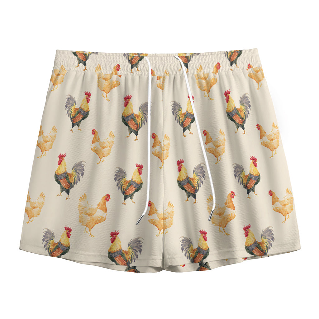 Watercolor Rooster Pattern Print Mesh Shorts