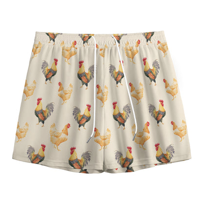 Watercolor Rooster Pattern Print Mesh Shorts