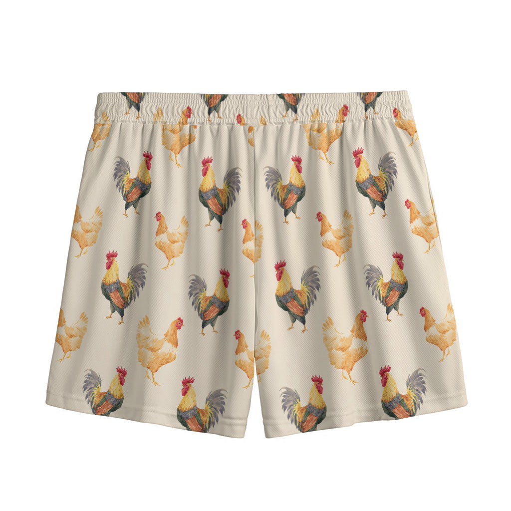 Watercolor Rooster Pattern Print Mesh Shorts