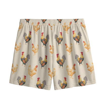 Watercolor Rooster Pattern Print Mesh Shorts