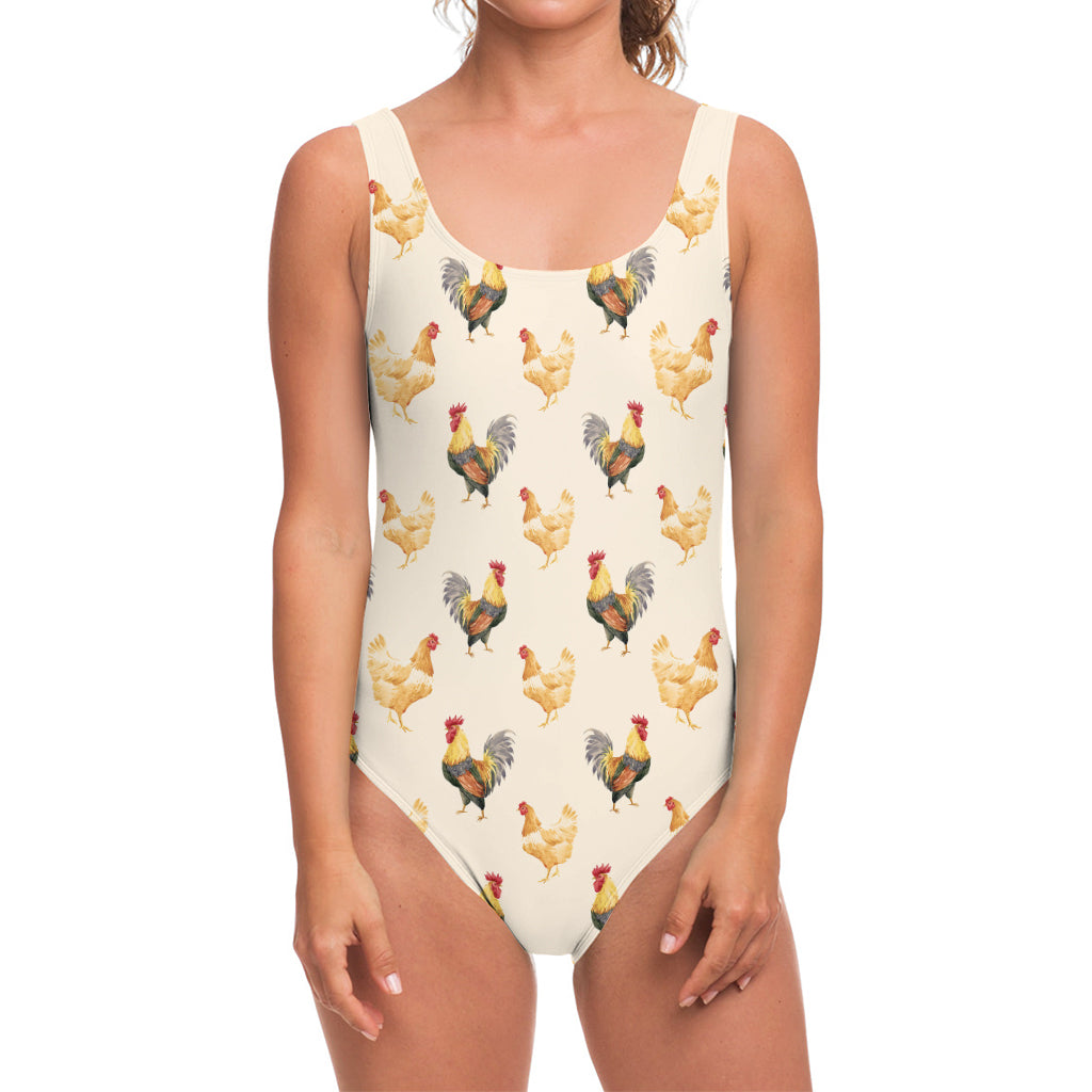 Watercolor Rooster Pattern Print One Piece Swimsuit