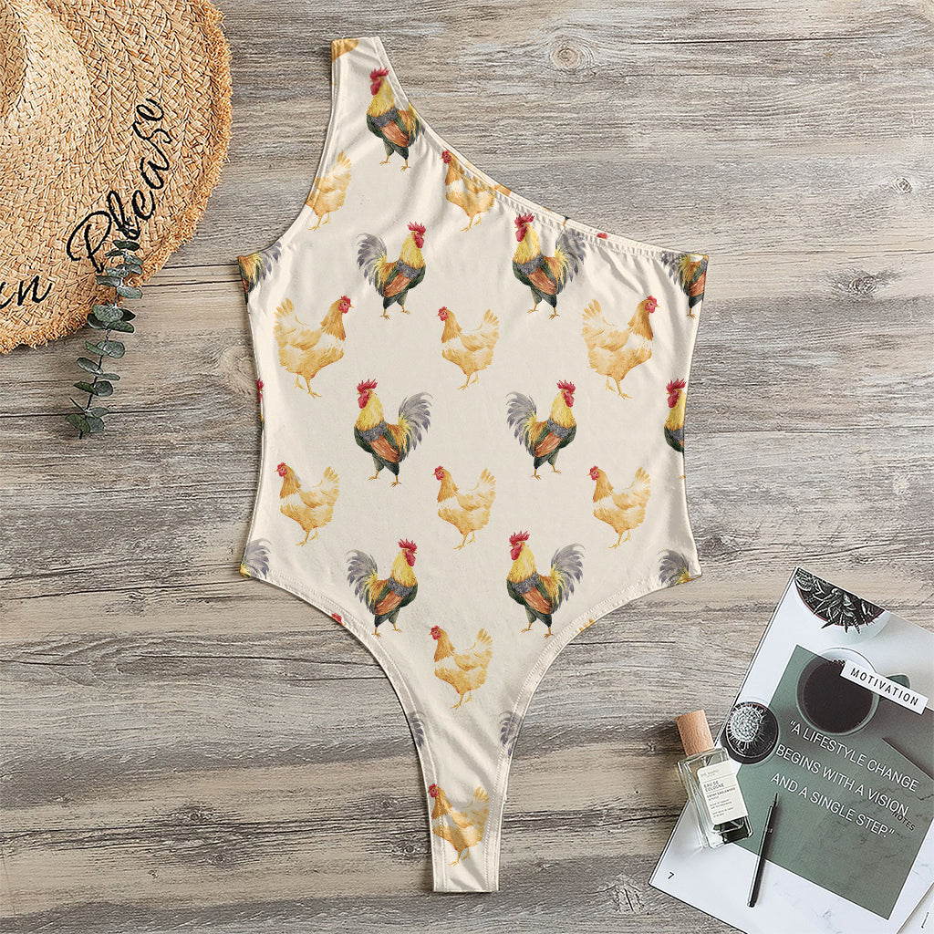 Watercolor Rooster Pattern Print One Shoulder Bodysuit