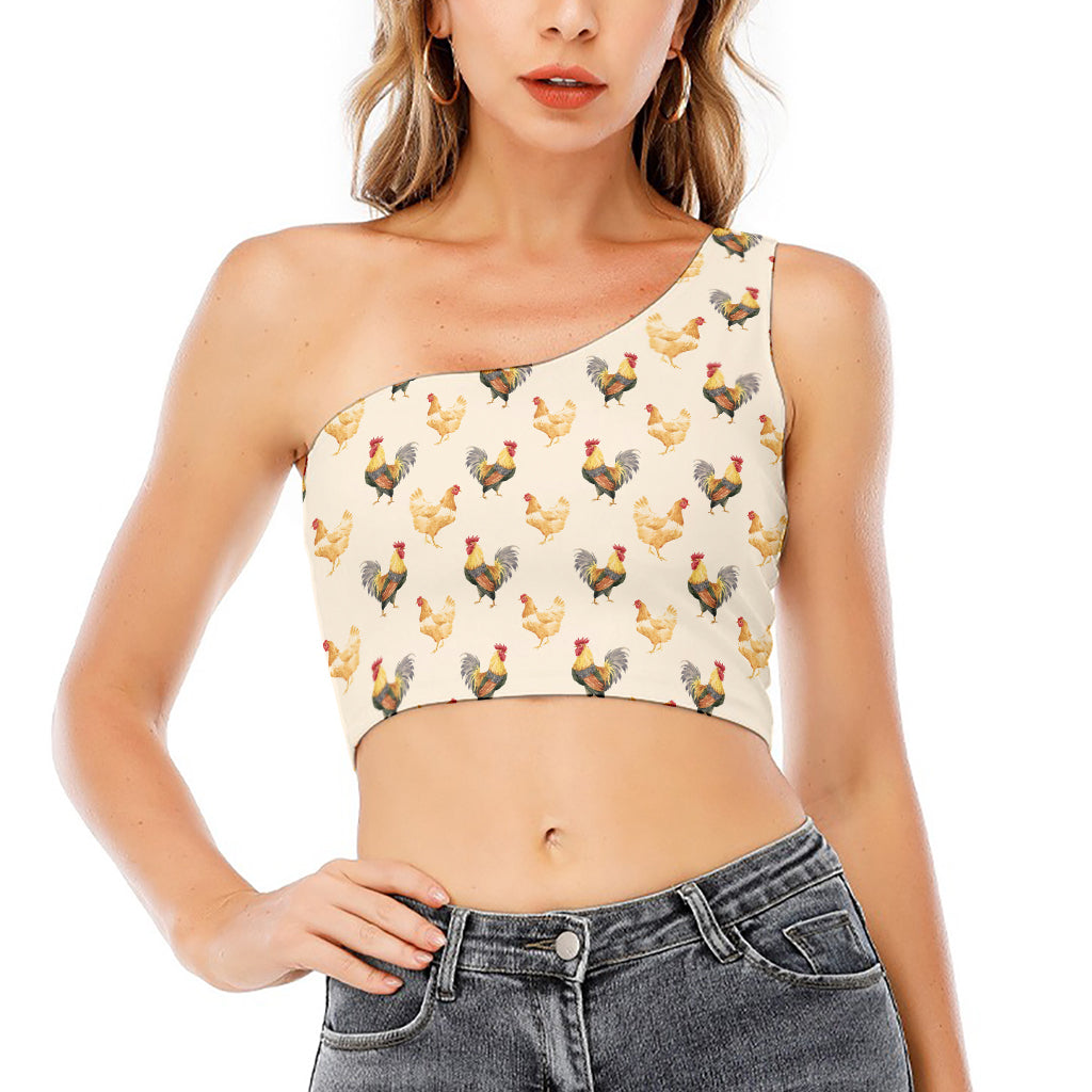 Watercolor Rooster Pattern Print One Shoulder Crop Top