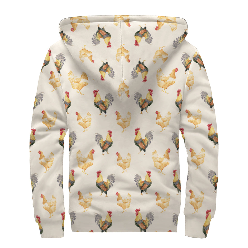 Watercolor Rooster Pattern Print Sherpa Lined Zip Up Hoodie