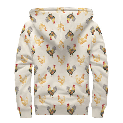 Watercolor Rooster Pattern Print Sherpa Lined Zip Up Hoodie