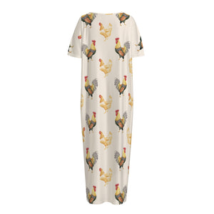 Watercolor Rooster Pattern Print Short Sleeve Long Nightdress