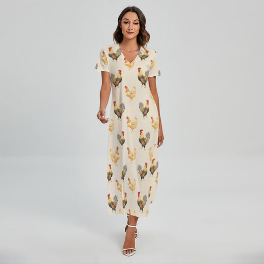 Watercolor Rooster Pattern Print Short Sleeve Maxi Dress