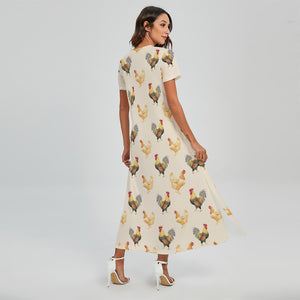 Watercolor Rooster Pattern Print Short Sleeve Maxi Dress