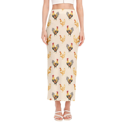 Watercolor Rooster Pattern Print Side Slit Maxi Skirt