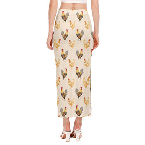 Watercolor Rooster Pattern Print Side Slit Maxi Skirt