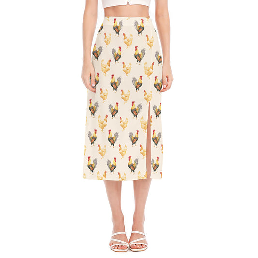 Watercolor Rooster Pattern Print Side Slit Midi Skirt