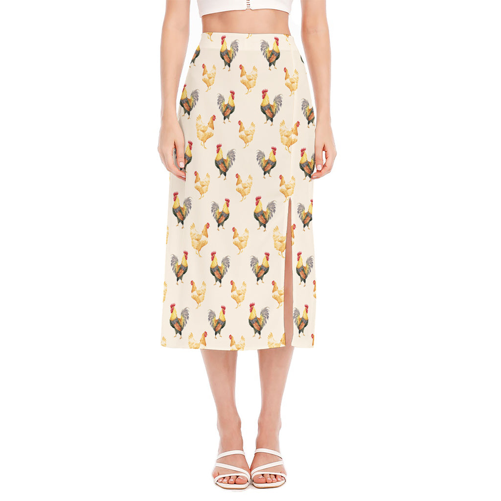 Watercolor Rooster Pattern Print Side Slit Midi Skirt