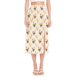 Watercolor Rooster Pattern Print Side Slit Midi Skirt