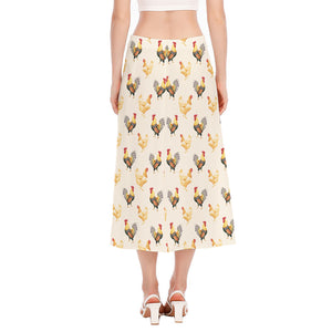 Watercolor Rooster Pattern Print Side Slit Midi Skirt