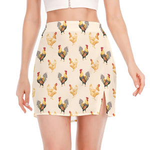 Watercolor Rooster Pattern Print Side Slit Mini Skirt