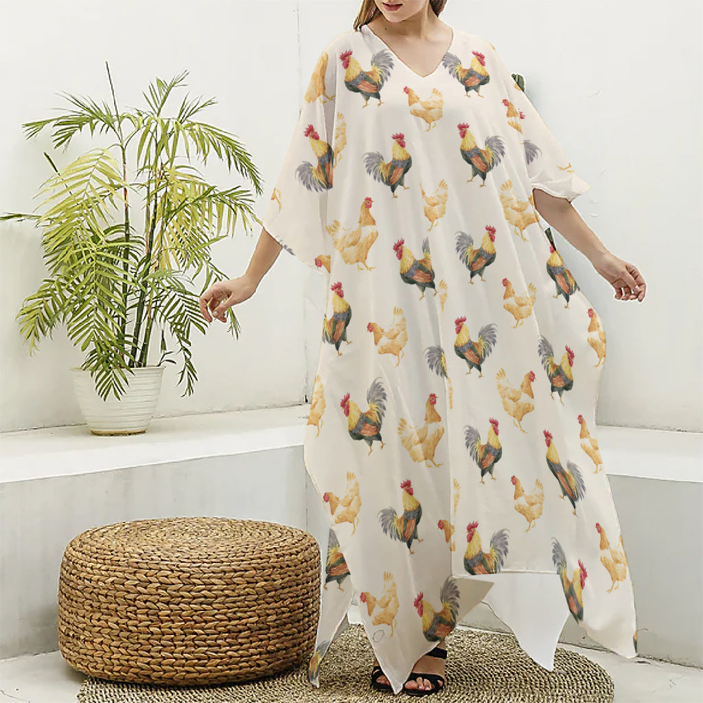 Watercolor Rooster Pattern Print Silk V-Neck Kaftan Dress