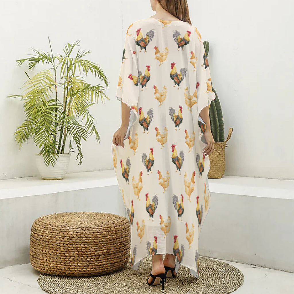 Watercolor Rooster Pattern Print Silk V-Neck Kaftan Dress