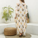 Watercolor Rooster Pattern Print Silk V-Neck Kaftan Dress