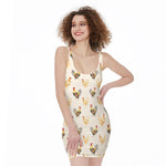 Watercolor Rooster Pattern Print Sleeveless Bodycon Dress