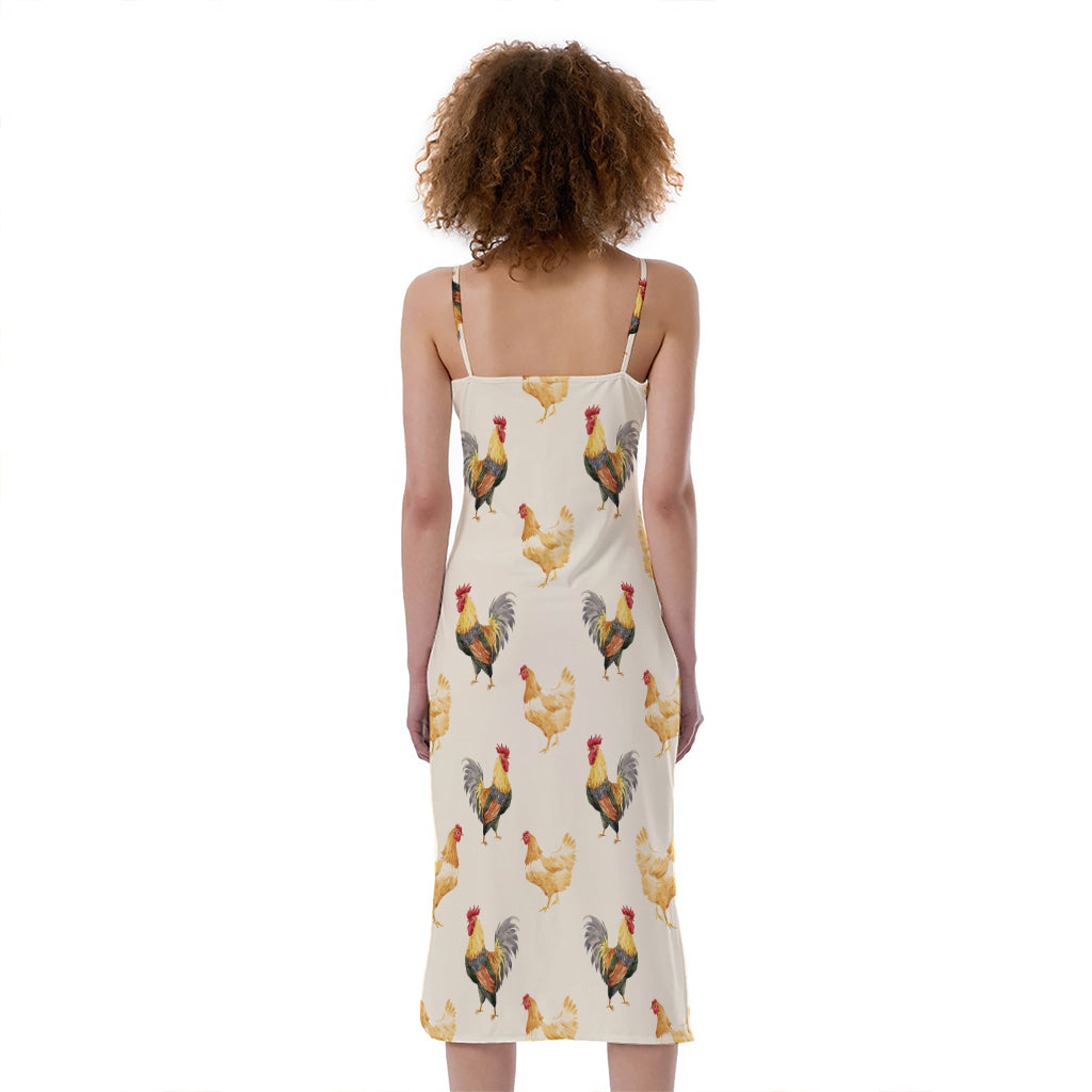 Watercolor Rooster Pattern Print Slim Fit Midi Cami Dress