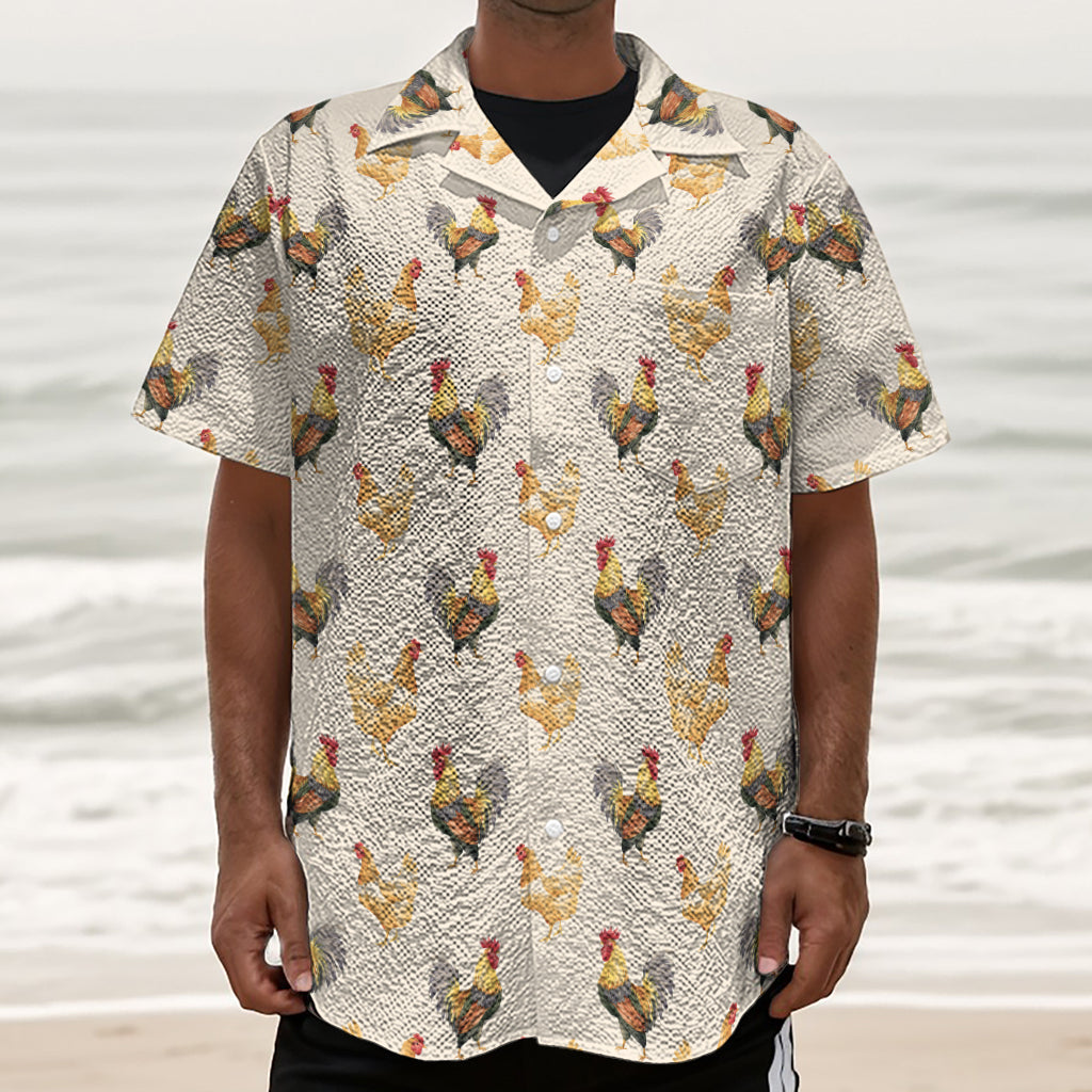 Watercolor Rooster Pattern Print Textured Short Sleeve Shirt