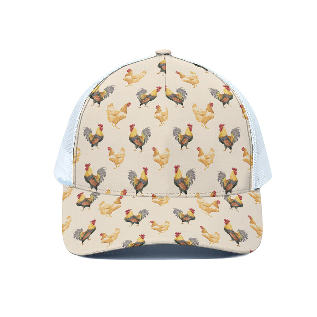 Watercolor Rooster Pattern Print White Mesh Trucker Cap