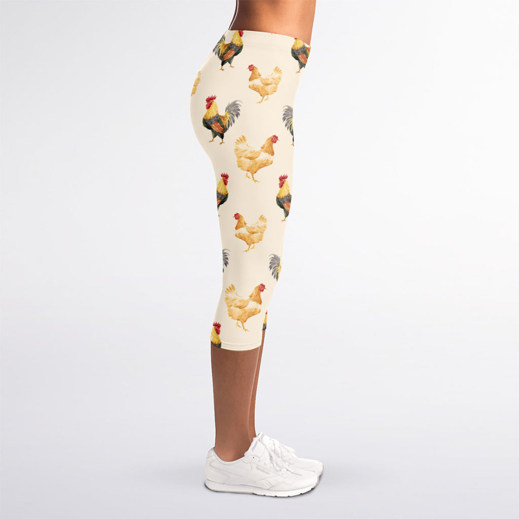 Watercolor Rooster Pattern Print Women's Capri Leggings