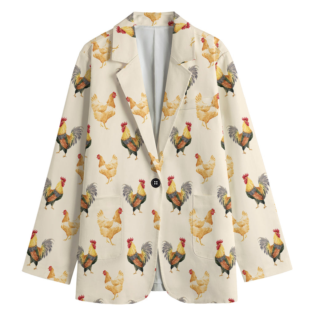 Watercolor Rooster Pattern Print Women's Cotton Blazer