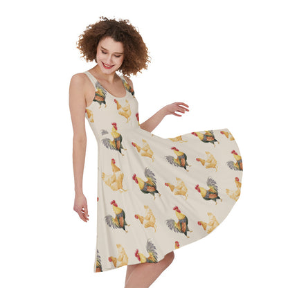 Watercolor Rooster Pattern Print Women's Sleeveless Dress
