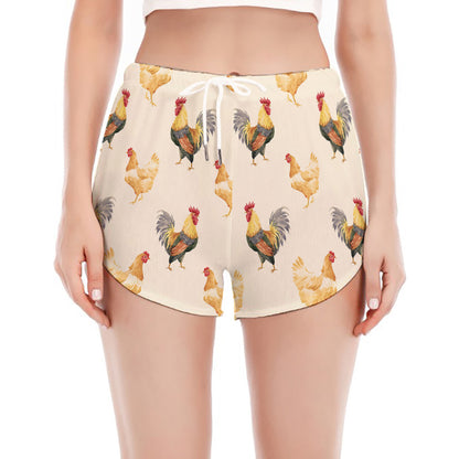 Watercolor Rooster Pattern Print Women's Split Running Shorts