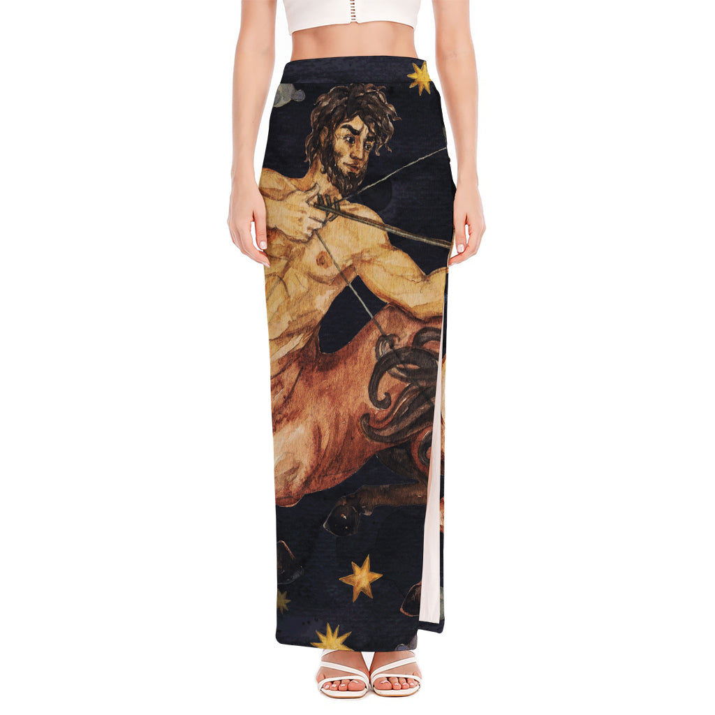 Watercolor Sagittarius Zodiac Sign Print High Slit Maxi Skirt