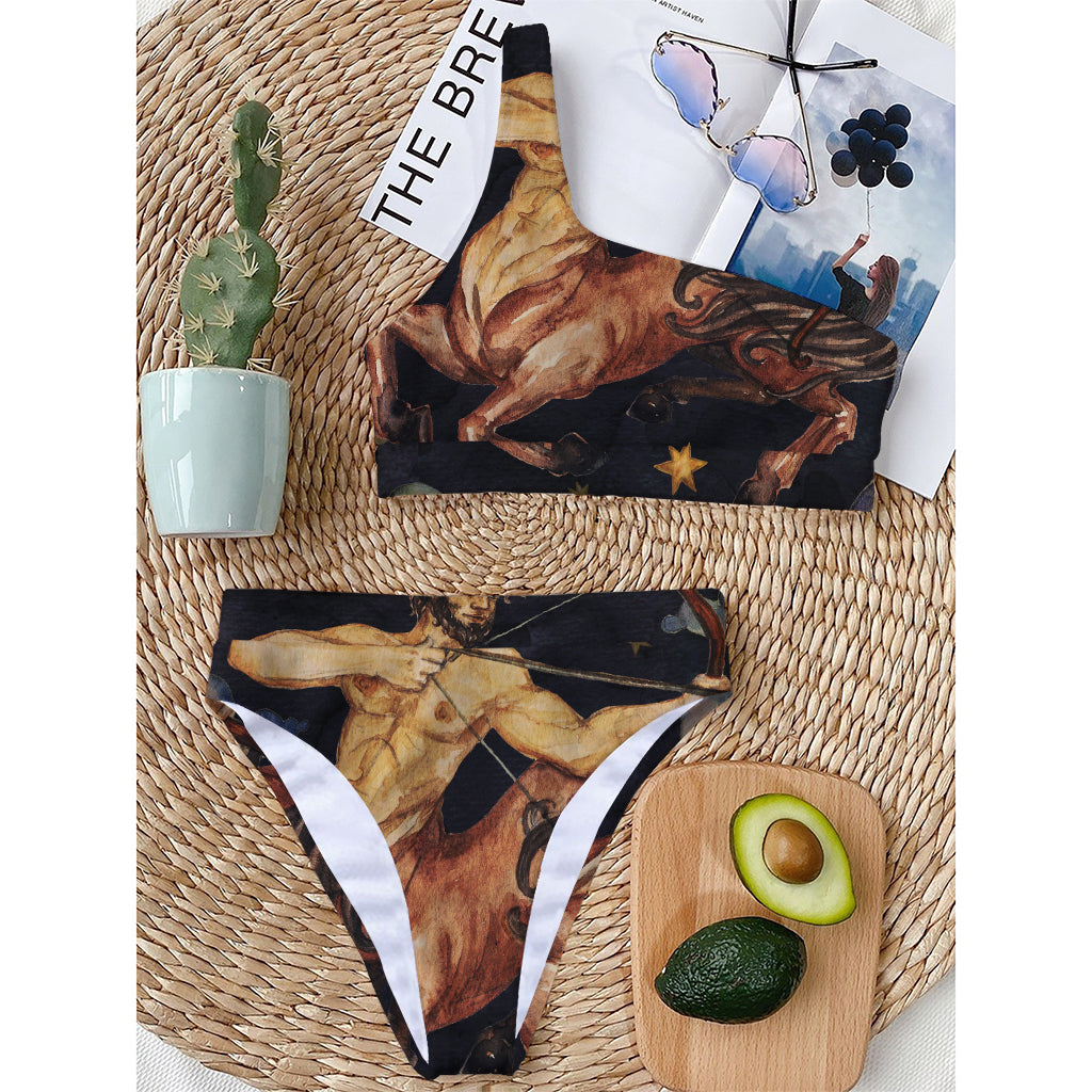 Watercolor Sagittarius Zodiac Sign Print One Shoulder Bikini Top