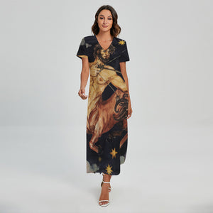 Watercolor Sagittarius Zodiac Sign Print Short Sleeve Maxi Dress